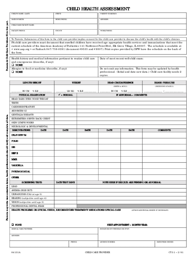 child health assessment form Preview on Page 1