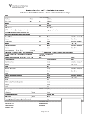 Resident Facesheet and Pre-Admission Assessment