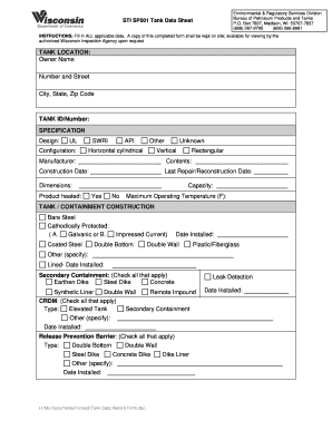 Wisconsin Tank Data Sheet