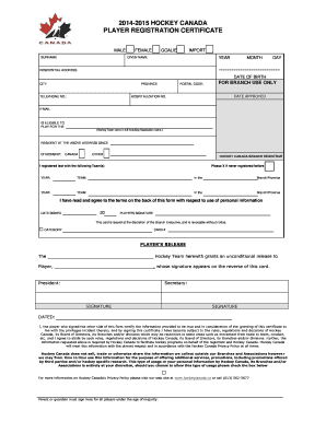 Hockey Canada Player Registration Certificate