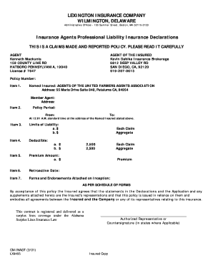 Insurance Agents Professional Liability Declarations