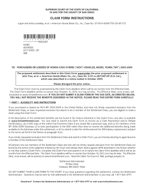 California Honda Civic Hybrid Settlement Claim Form