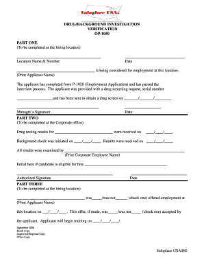 Drug Background Investigation Verification Form