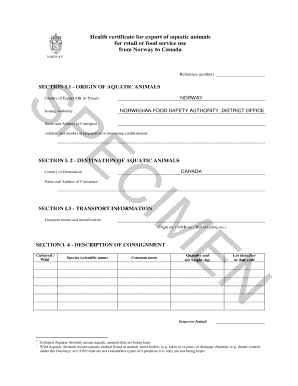 Health Certificate for Export of Aquatic Animals