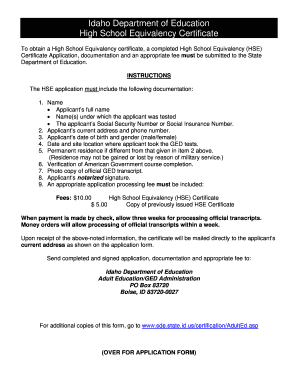 Idaho High School Equivalency Certificate Application