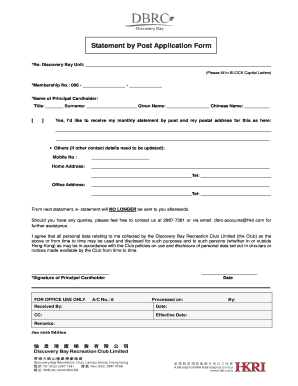 Discovery Bay Statement by Post Application Form
