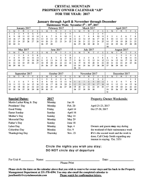 CRYSTAL MOUNTAIN PROPERTY OWNER CALENDAR AB FOR THE YEAR