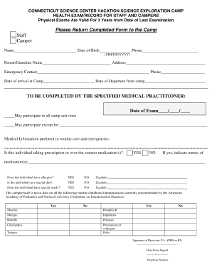 Connecticut Science Center Camp Health Exam Form