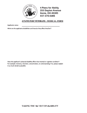4 Paws For Veterans Medical Form