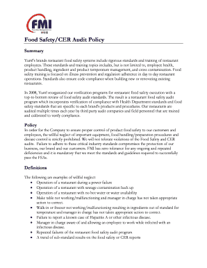 Yum! Food Safety/CER Audit Policy