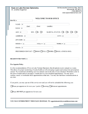 Optometry Annual Exam Pre-Appointment Form