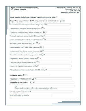 Medical History Form for Optometry