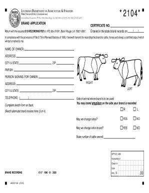 Louisiana Livestock Brand Application Certificate
