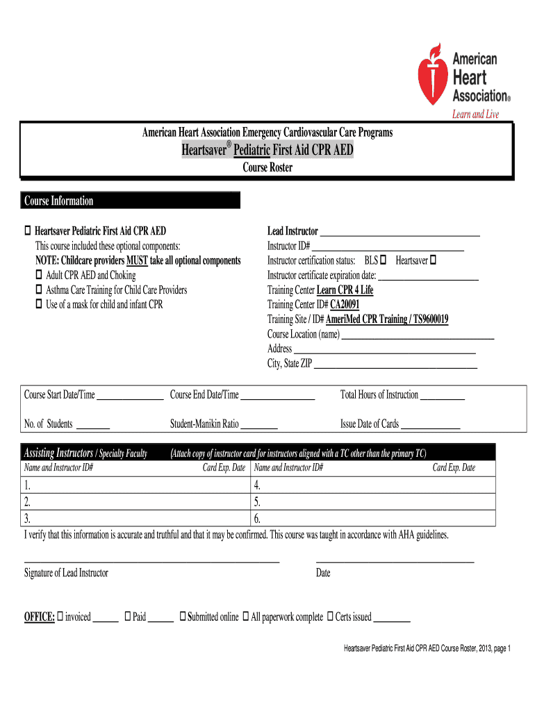 Fillable Online Heartsaver PEDIATRIC First Aid classroom roster Fax ...