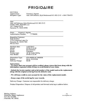 Frigidaire Refrigerator Repair Authorization Form