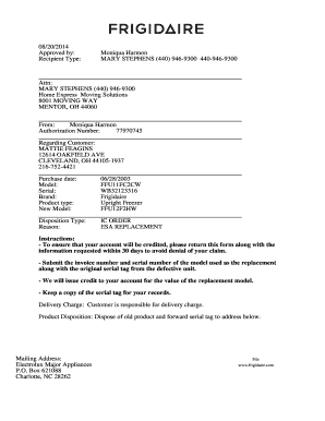 Frigidaire Freezer Replacement Form