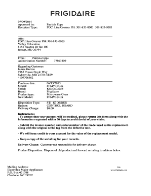 Frigidaire Microwave Replacement Form