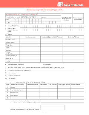 Bank of Baroda Supplementary Form for Second/Third Applicant