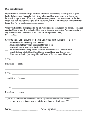 Second Grade Summer Reading Assignment