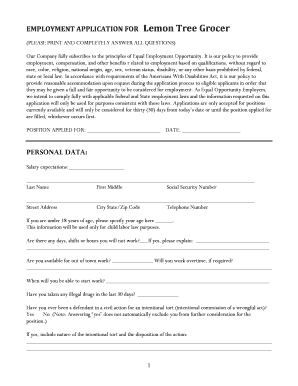 Lemon Tree Grocer Employment Application