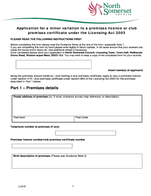 Application for Minor Variation to Premises Licence
