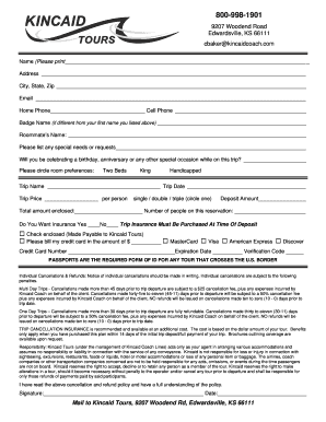 Kincaid Tours Travel Registration Form