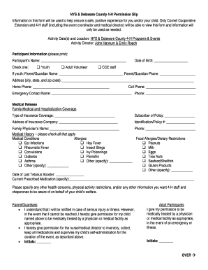 NYS & Delaware County 4-H Permission Slip