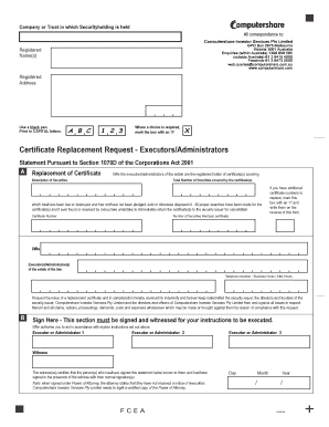 Fillable Online BCertificateb Replacement Request - Executors bb ...