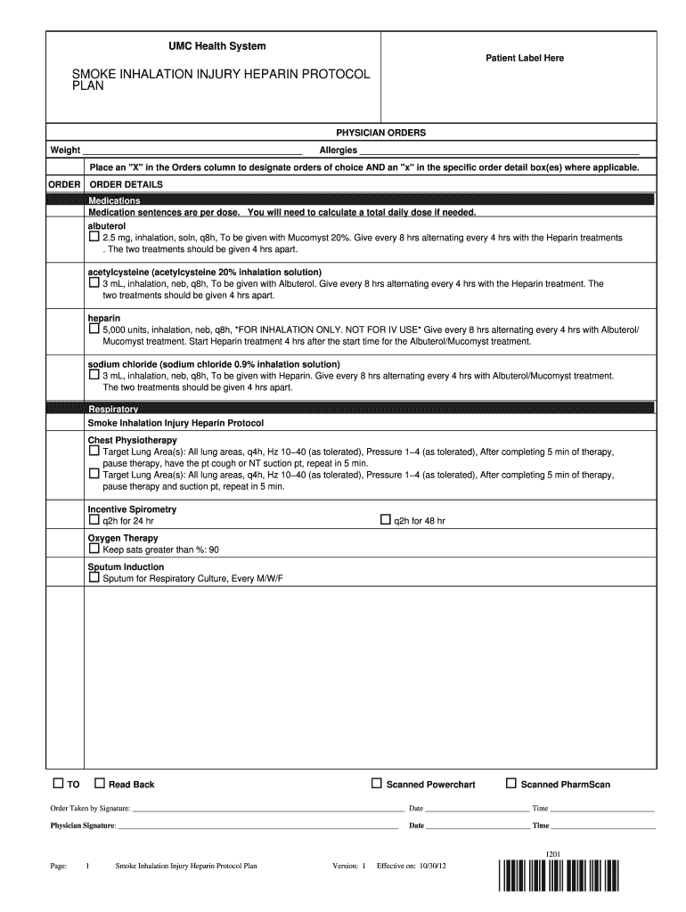 Fillable Online SMOKE INHALATION INJURY HEPARIN PROTOCOL Fax Email