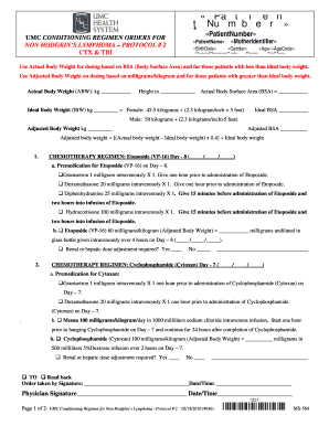 Hemodialysis treatment sheet - Patien tNumber UMC CONDITIONING REGIMEN ORDERS FOR