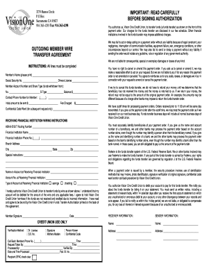 Vision One Credit Union Funds Transfer Authorization