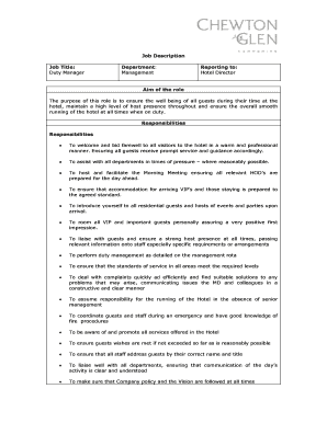 Hotel Duty Manager Job Description