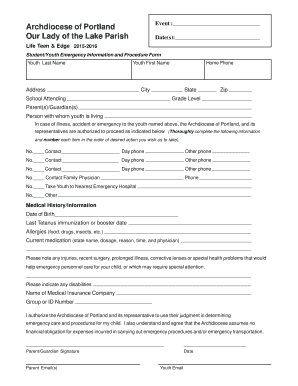 Student Youth Emergency Information and Procedure Form