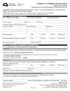 Consent to Criminal Record Check for Volunteers