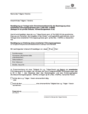 Bestätigung zur Vorlage beim Einwohnermeldeamt für die Beantragung eines erweiterten Führungszeugnisses