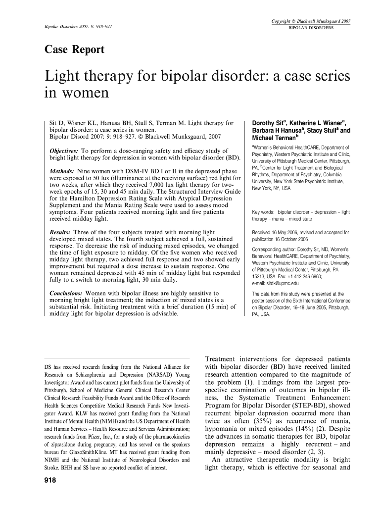 Fillable Online Light therapy for bipolar disorder a case series Fax
