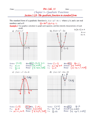 Pre-Calculus 11 Quadratic Functions Worksheet