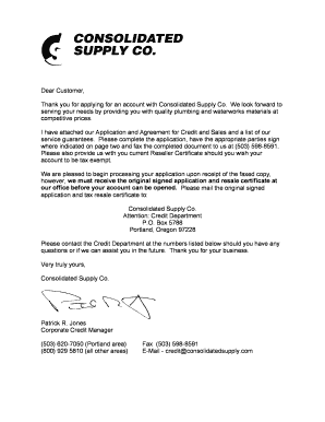 Application and Agreement for Credit and Sales