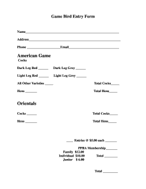 Game Bird Entry Form