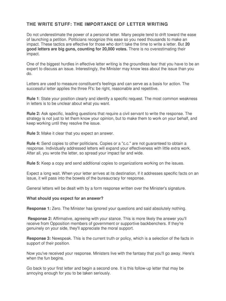 Fillable Online THE WRITE STUFF THE IMPORTANCE OF LETTER WRITING Fax