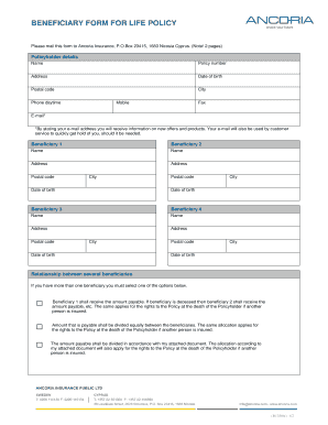 Beneficiary Form for Life Policy