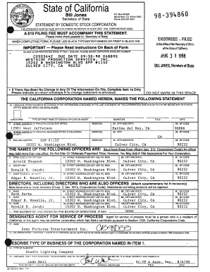 California Statement by Domestic Stock Corporation