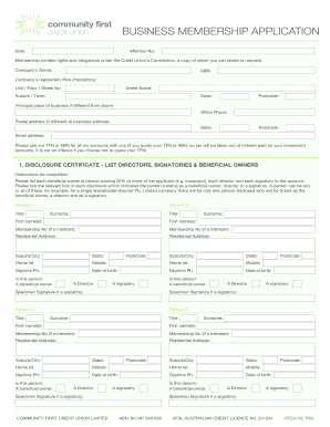 BUSINESS MEMBERSHIP APPLICATION Date: Member No: Membership confers rights and obligations under the Credit Unions Constitution, a copy of which you can obtain on request