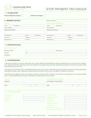 Stop Payment on Cheque Form