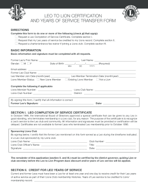 Leo to Lion Certification and Years of Service Transfer Form