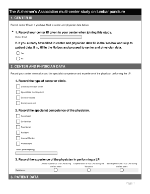 Alzheimer's Association Lumbar Puncture Study Form