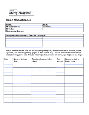 Home Medication List Form