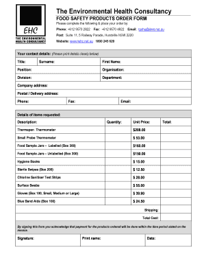 Food Safety Products Order Form