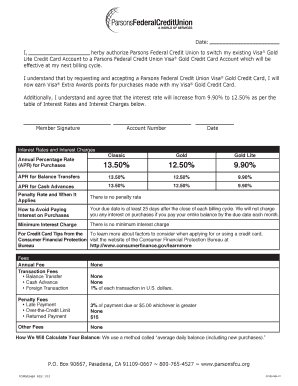 Parsons Federal Credit Union Visa Gold Card Switch Authorization