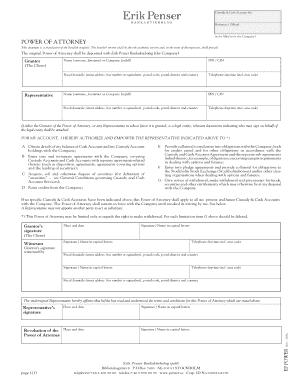 Power of Attorney for Custody and Cash Accounts